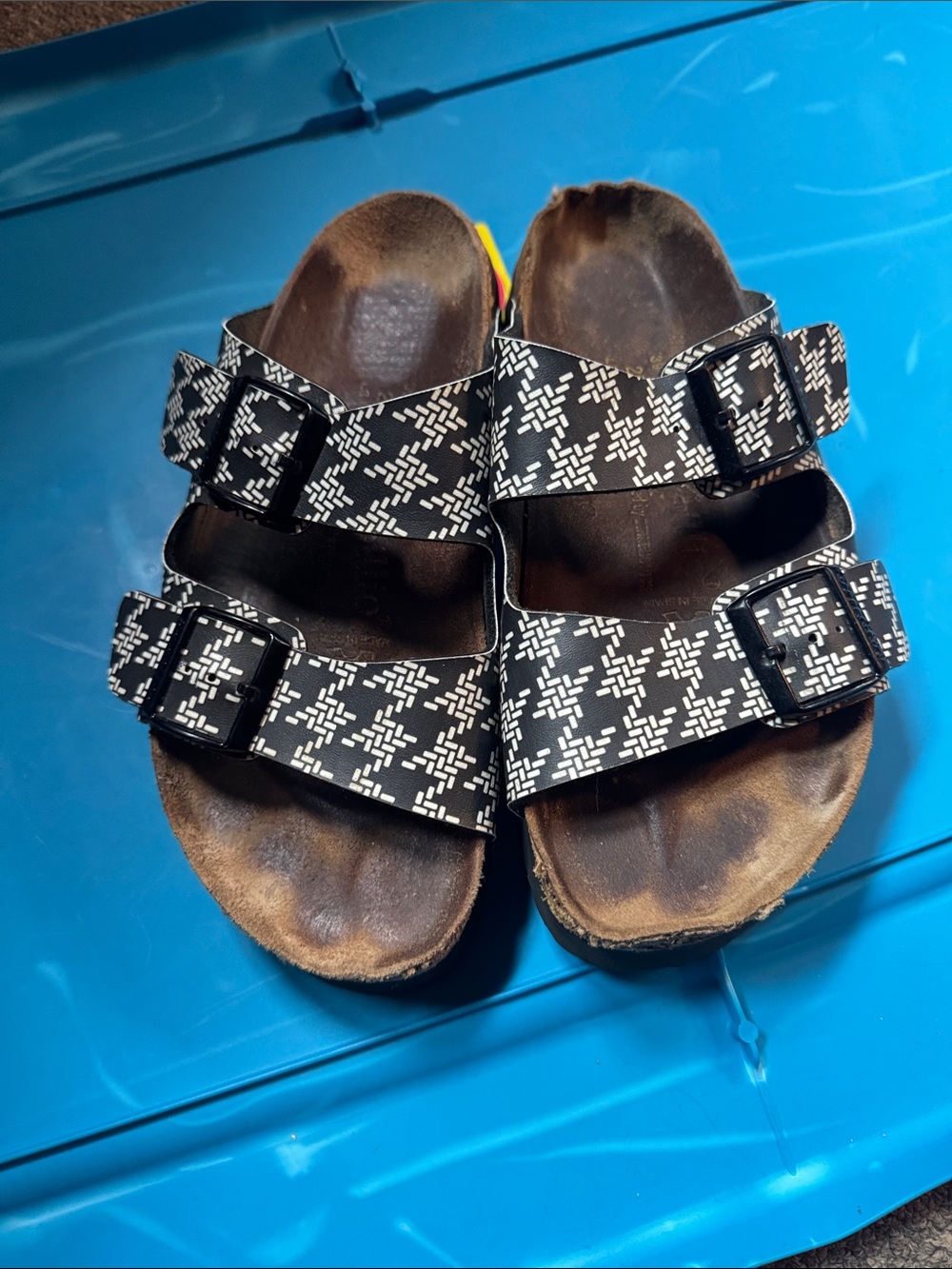 Birkenstock Black & White Patterned Two-Strap Buckle Sandals